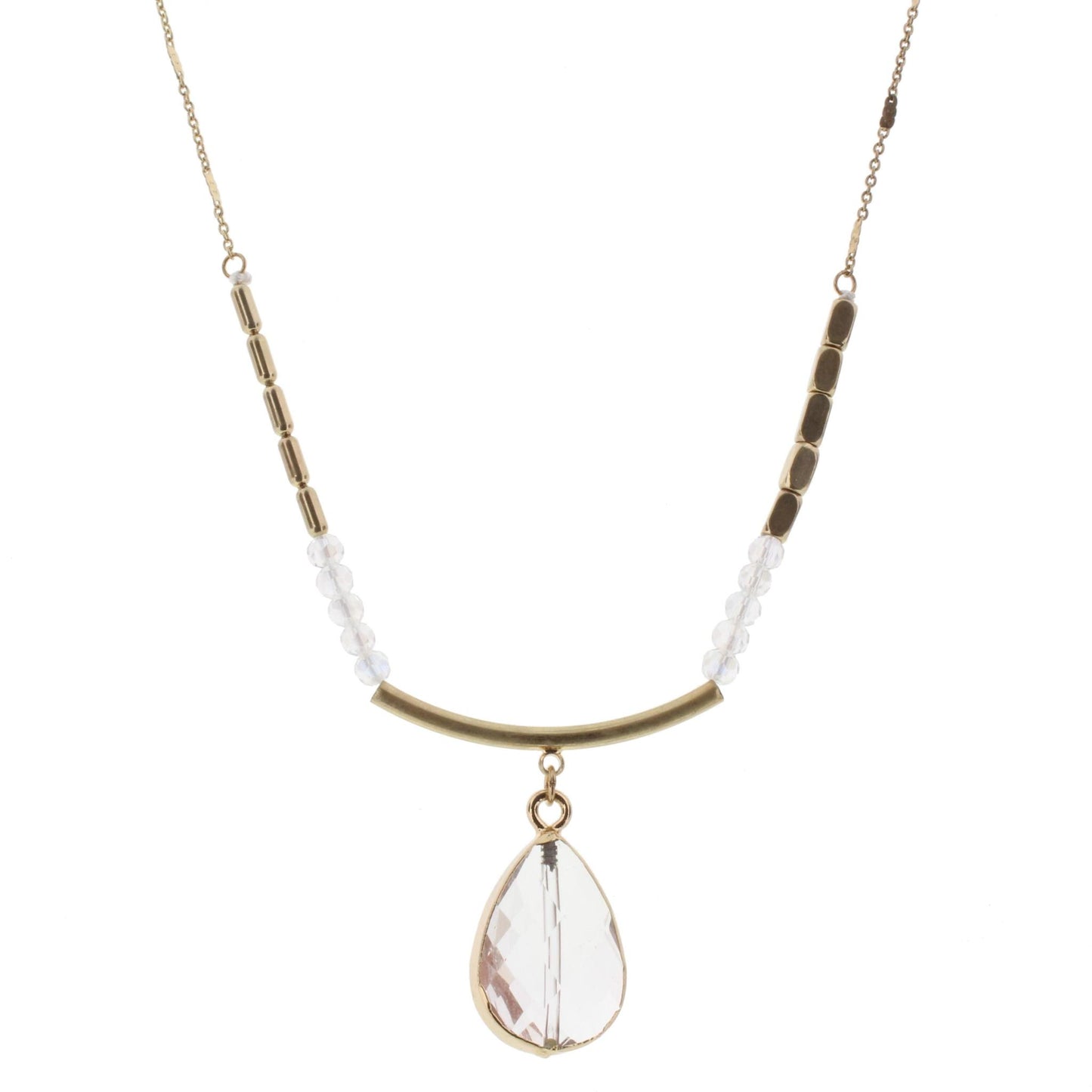 30" Gold and Clear with Gold Curved Bar Necklace with Clear Teardrop, 3" Ext