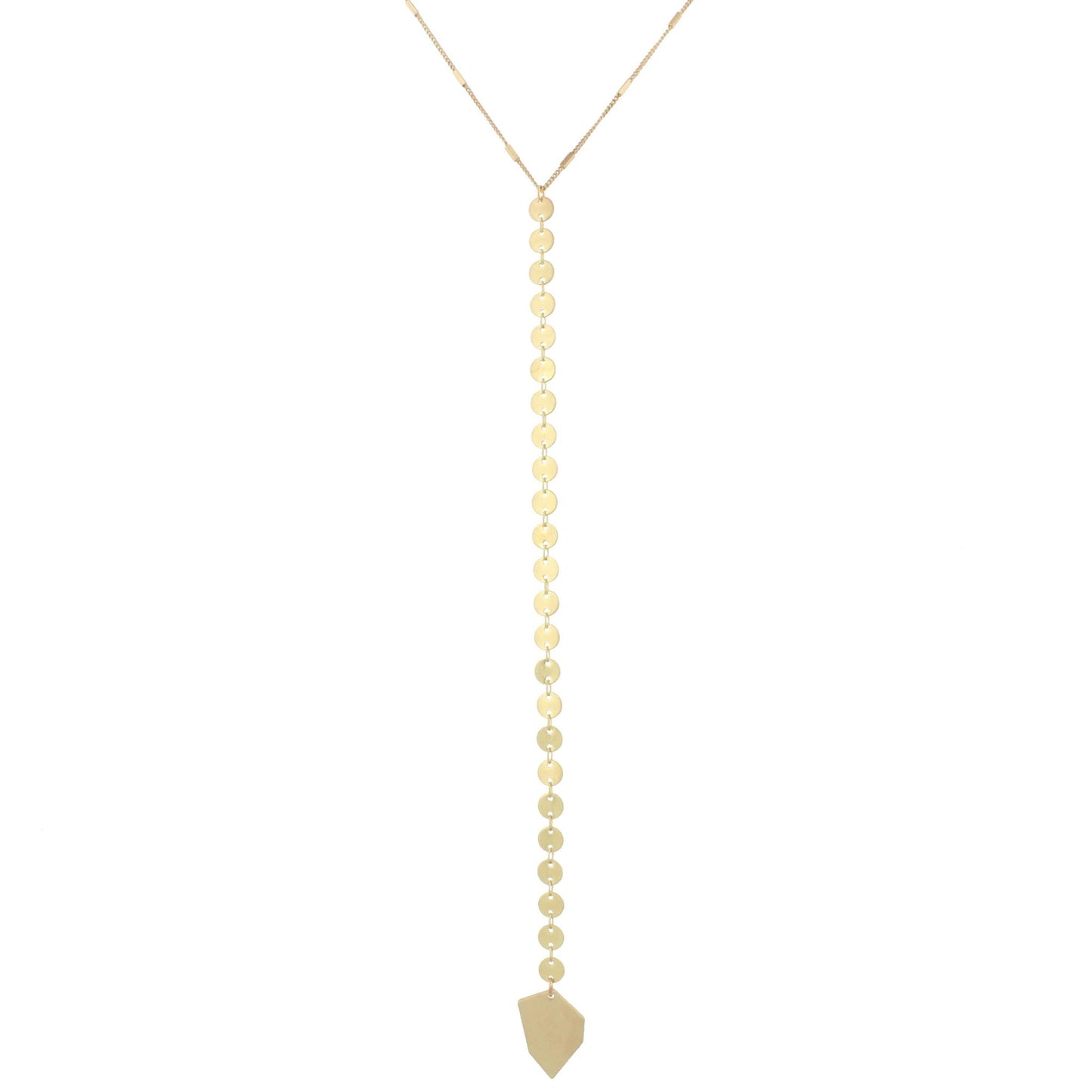 30" Gold Disk Y Drop Necklace with Irregular Charm