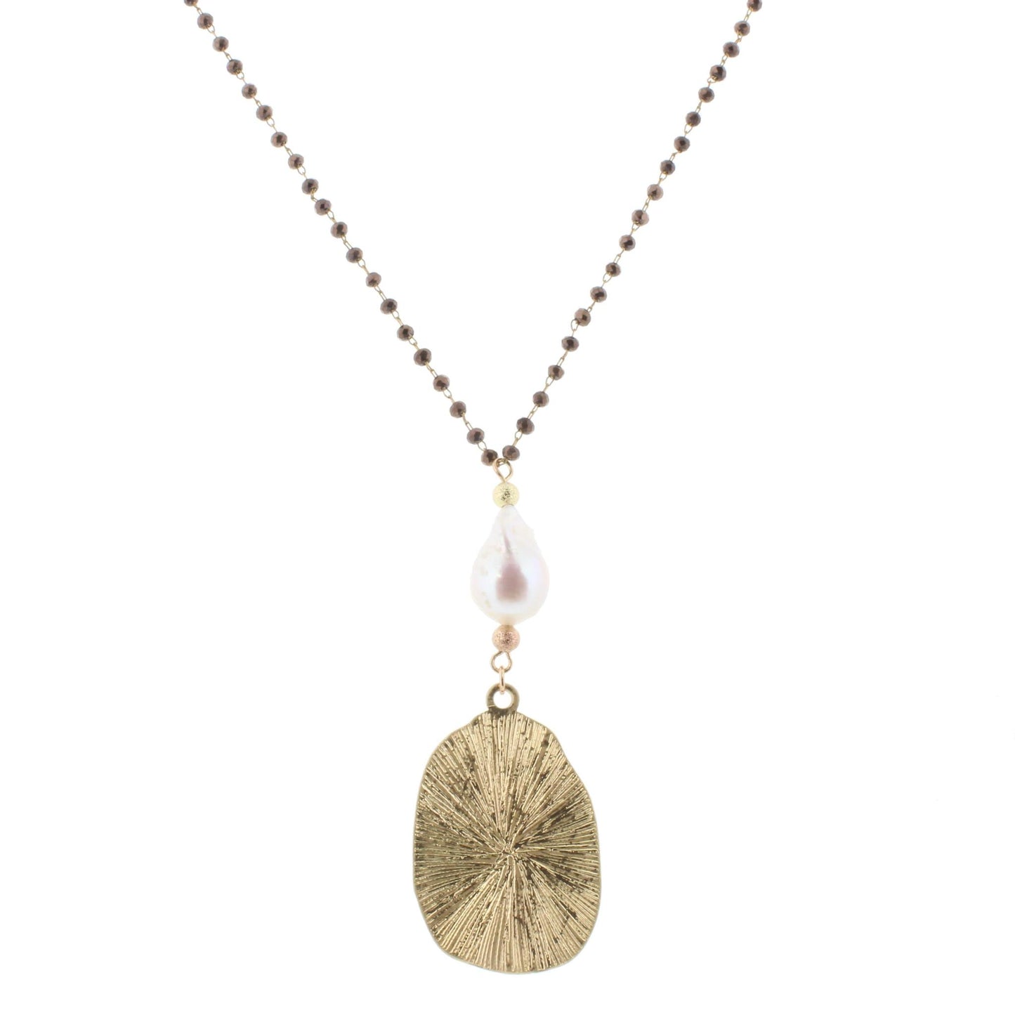 30" Delicate Chocolate Linked Necklace with Baroque Pearl and Oval, 3" Ext