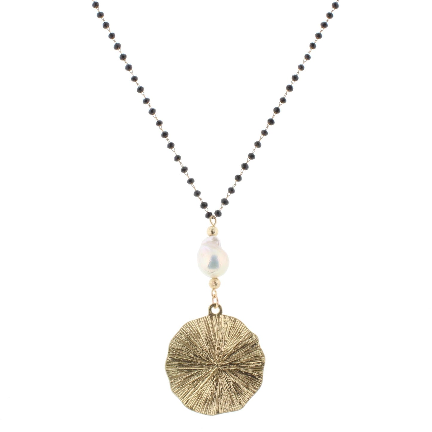 30" Delicate Jet Linked Necklace with Baroque Pearl and Circle, 3" Ext