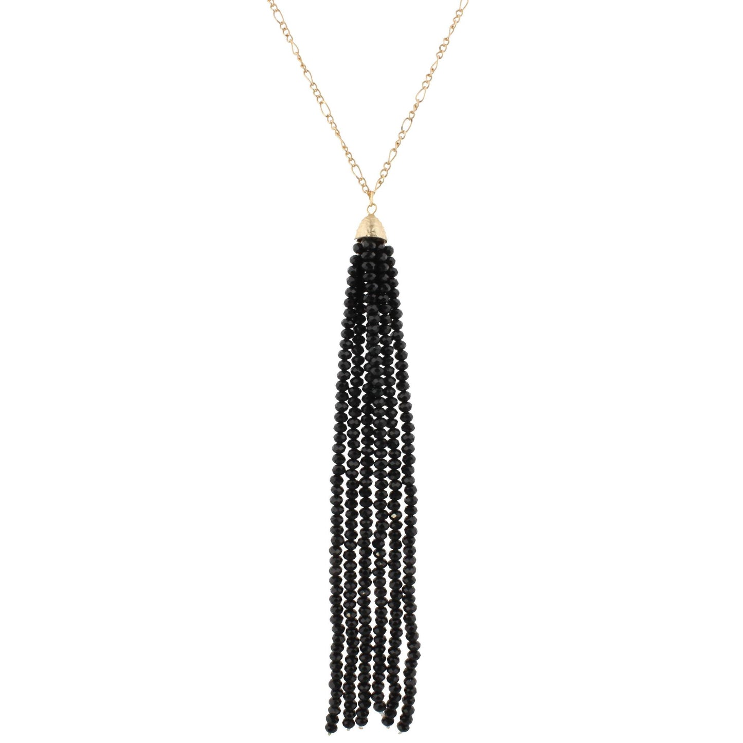 32" Gold Chain Necklace with Black 6.5" Beaded Tassel, 3" Ext