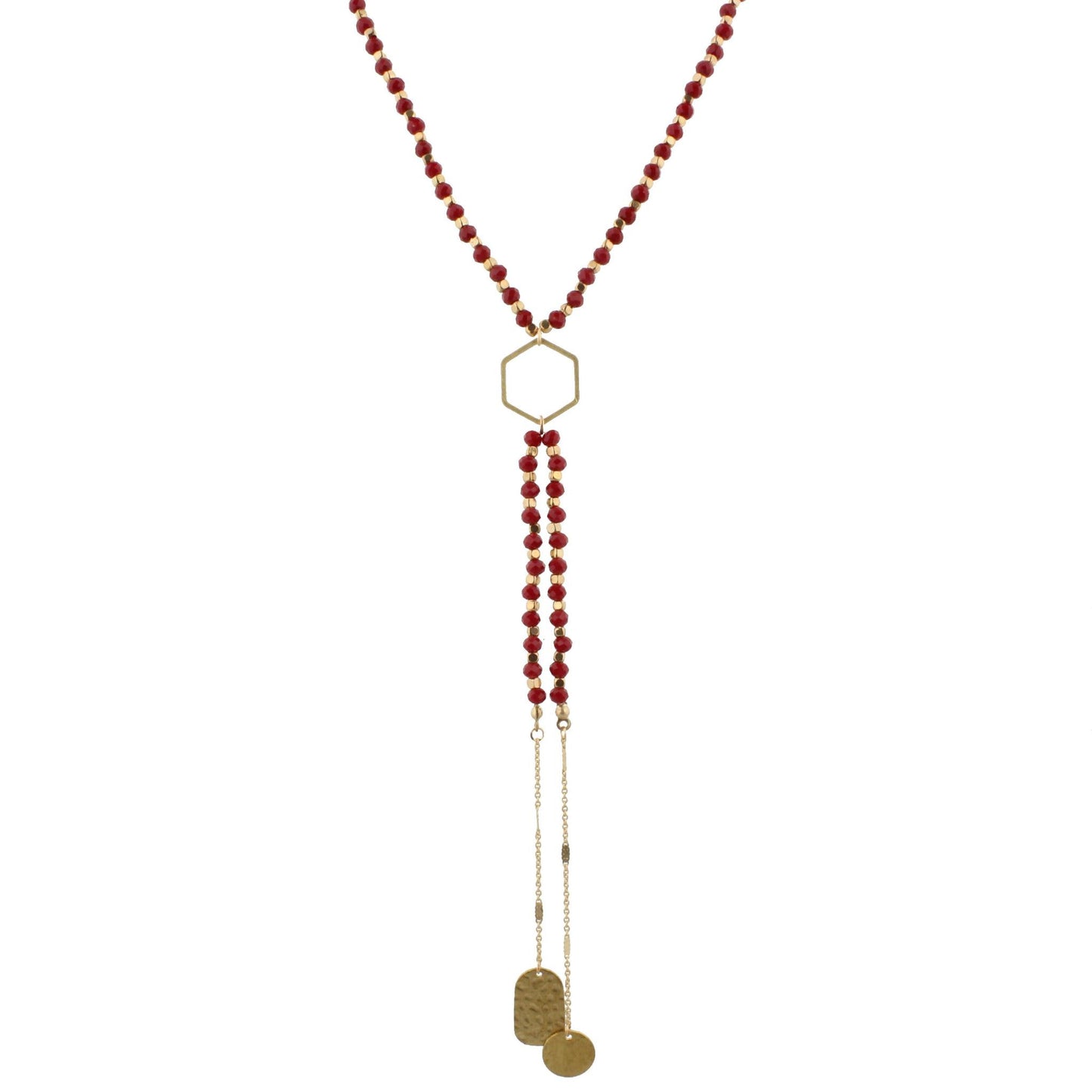 32" Maroon Beaded, Hexagon Y Necklace with Two Strand Dangles, 3" Ext