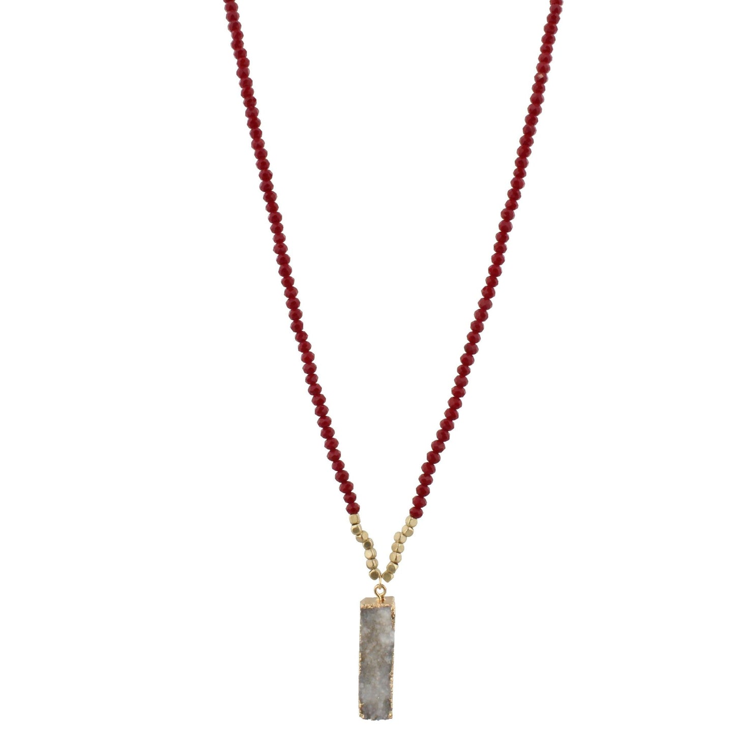 32" Maroon Beaded Necklace with White Druzy Rectangle, 3" Ext