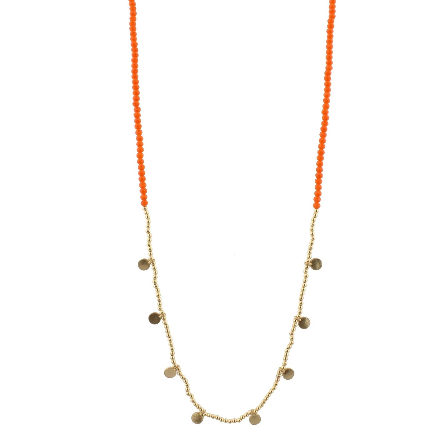 32" Orange Beaded Necklace with Gold Beads and Gold Disks, 3" Ext