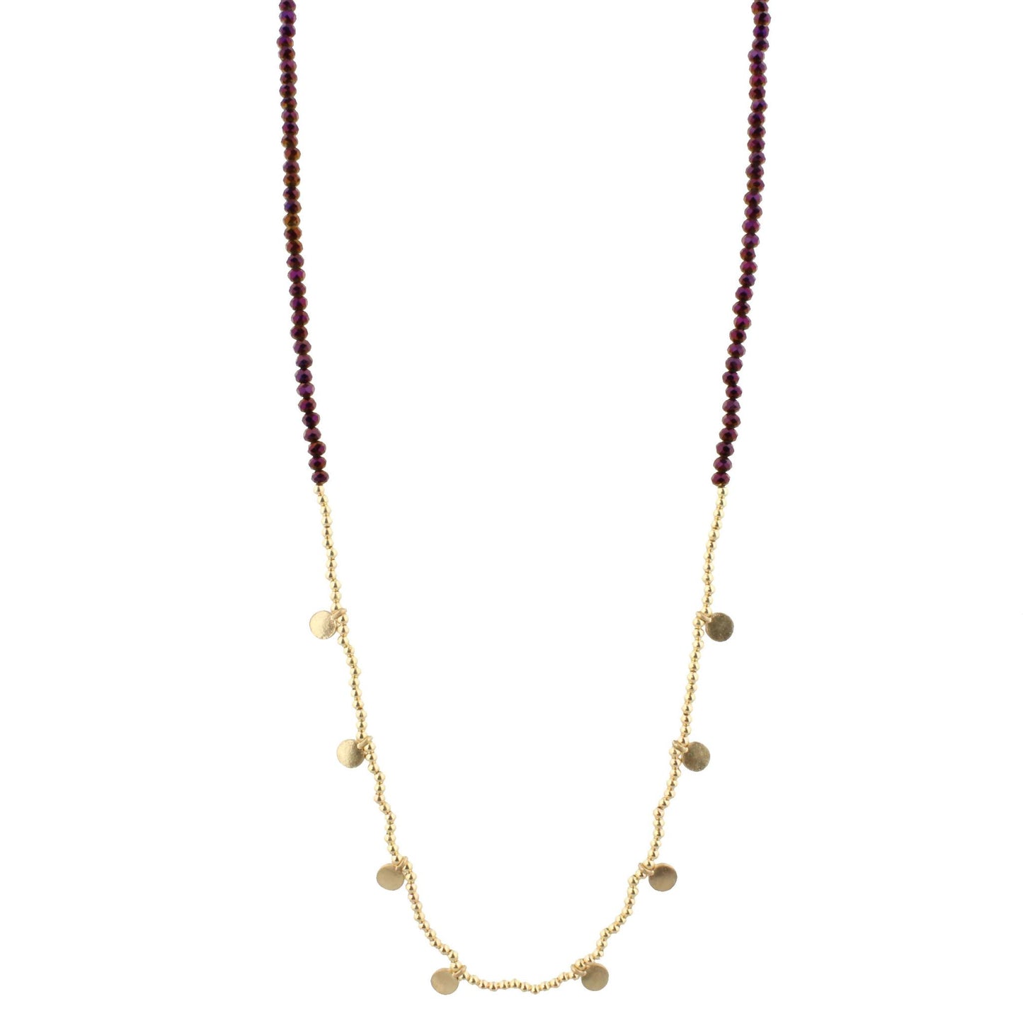32" Purple Beaded Necklace with Gold Beads and Gold Disks, 3"Ext