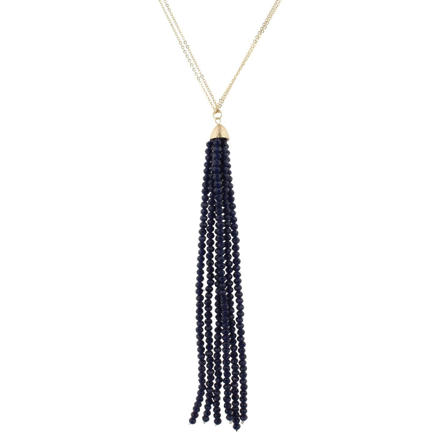 32" Gold Chain Necklace with Navy 6.5" Beaded Tassel, 3" Ext