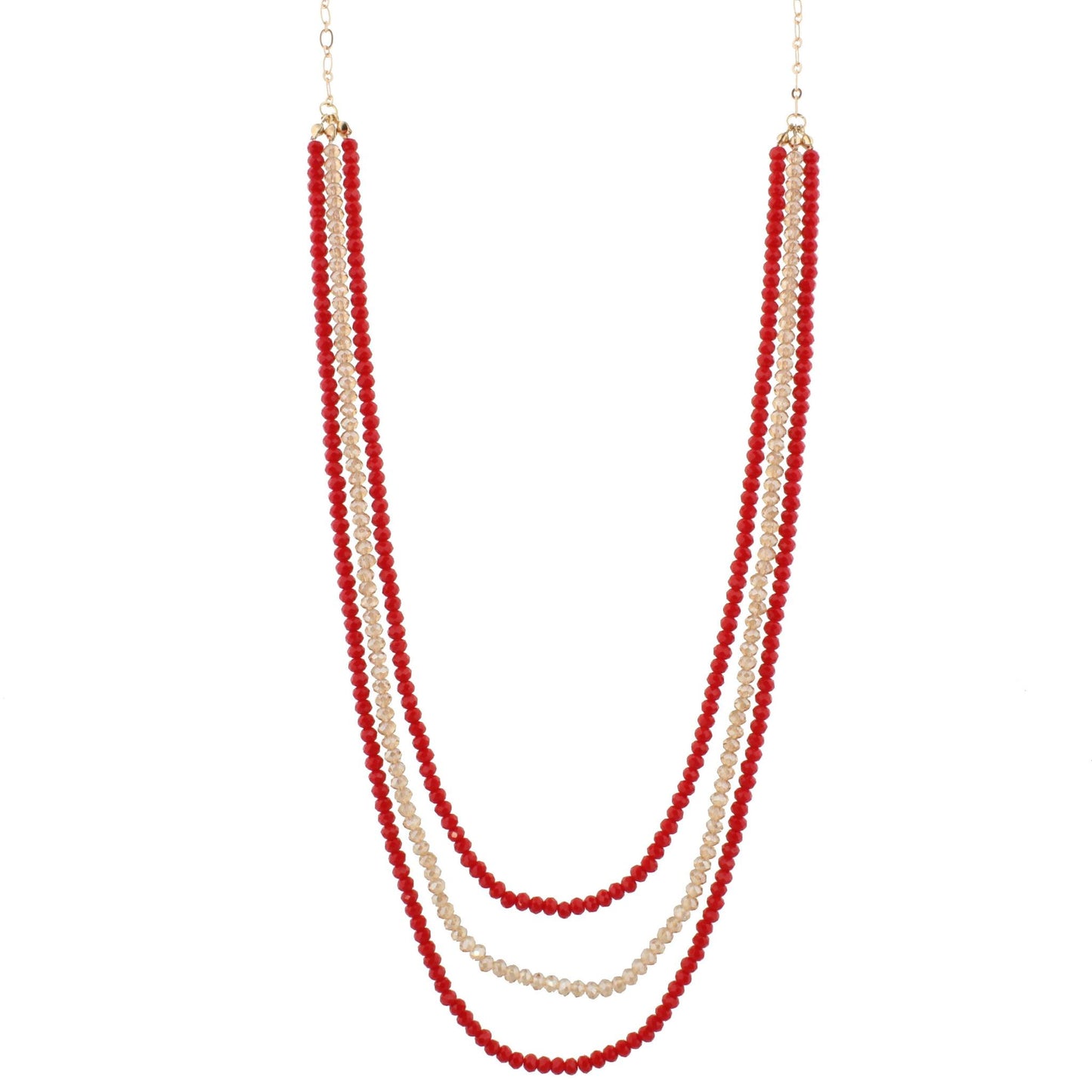 36" Red Multi Layer Beaded Necklace , 3" Ext