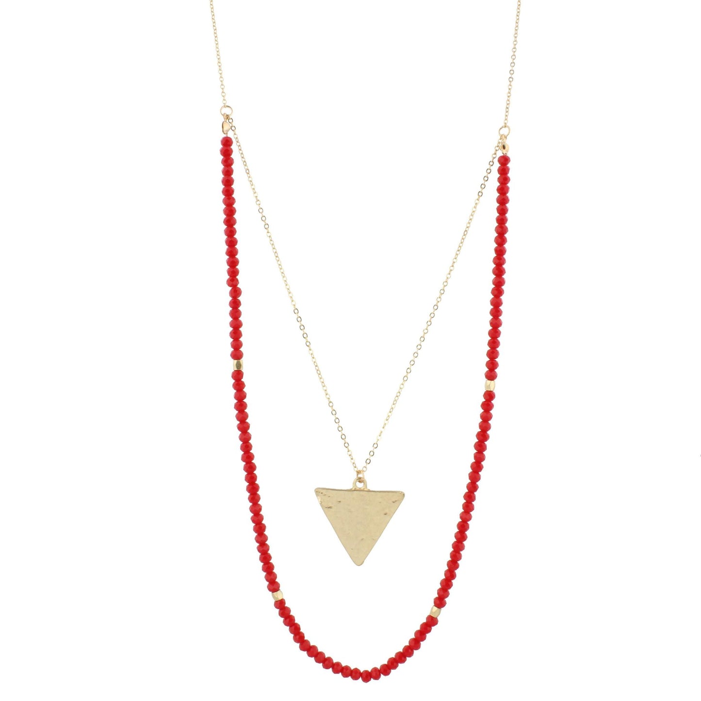 32" Red Beaded Double Layer Necklace with Gold Triangle, 3 Ext