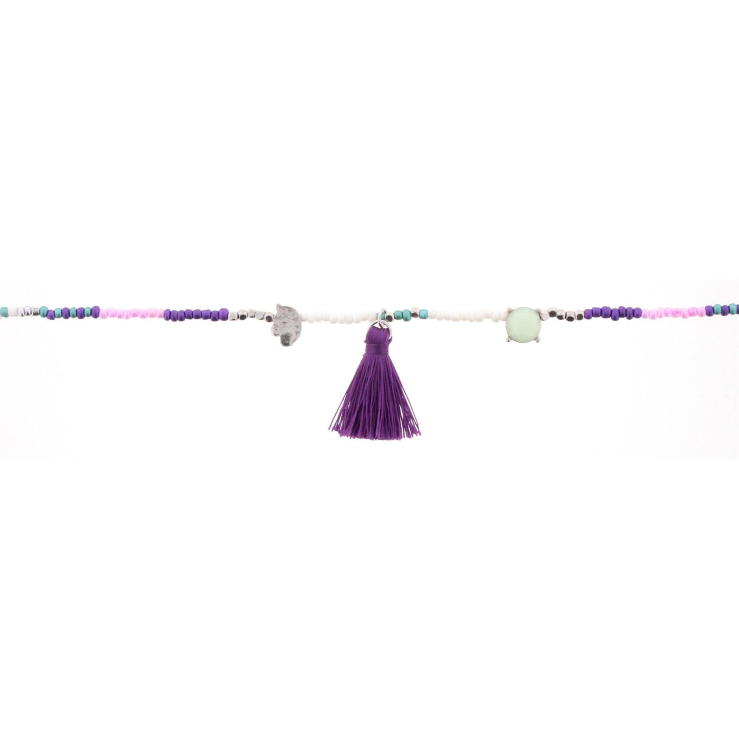 14" Kids Purple, Pink, White, Teal Beaded Body Necklace with Unicorn and Tassel, 3" Ext