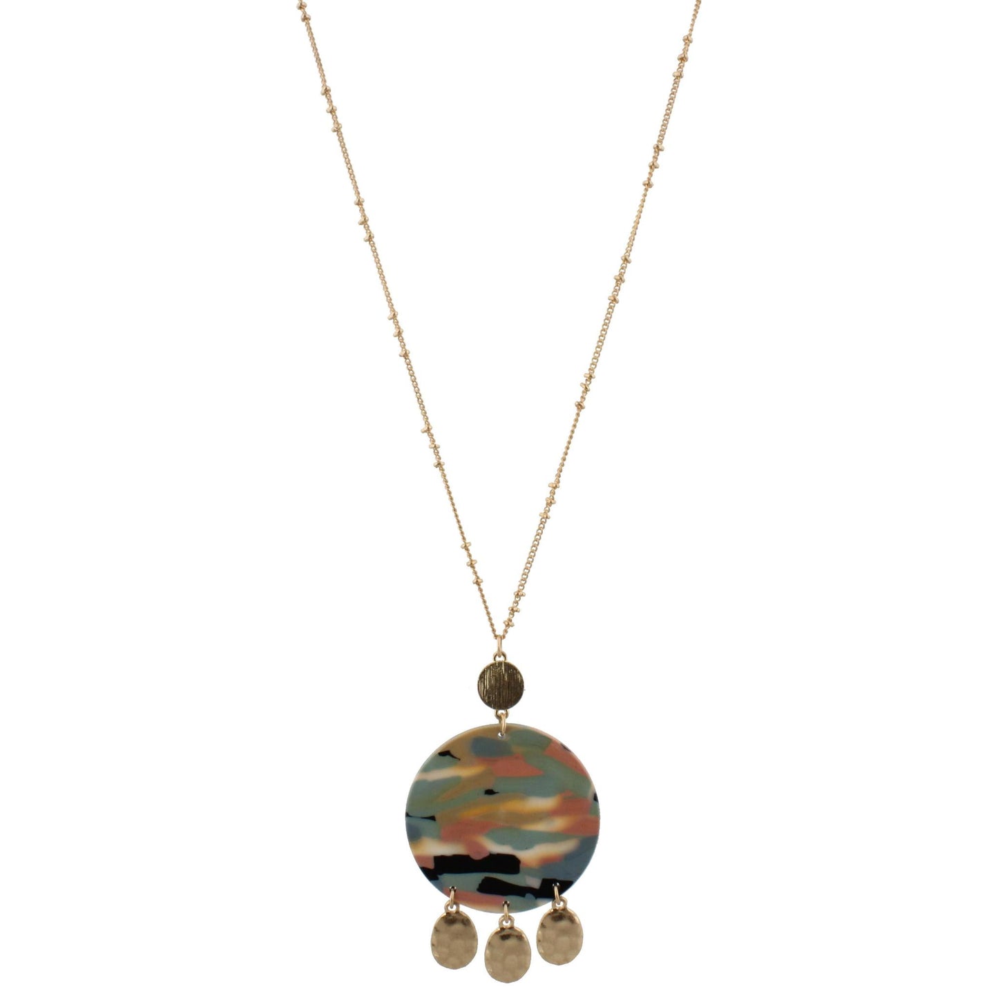 30" Gold Chain Necklace with Circle Retro Resin with Metal Disk Fringe, #" Ext