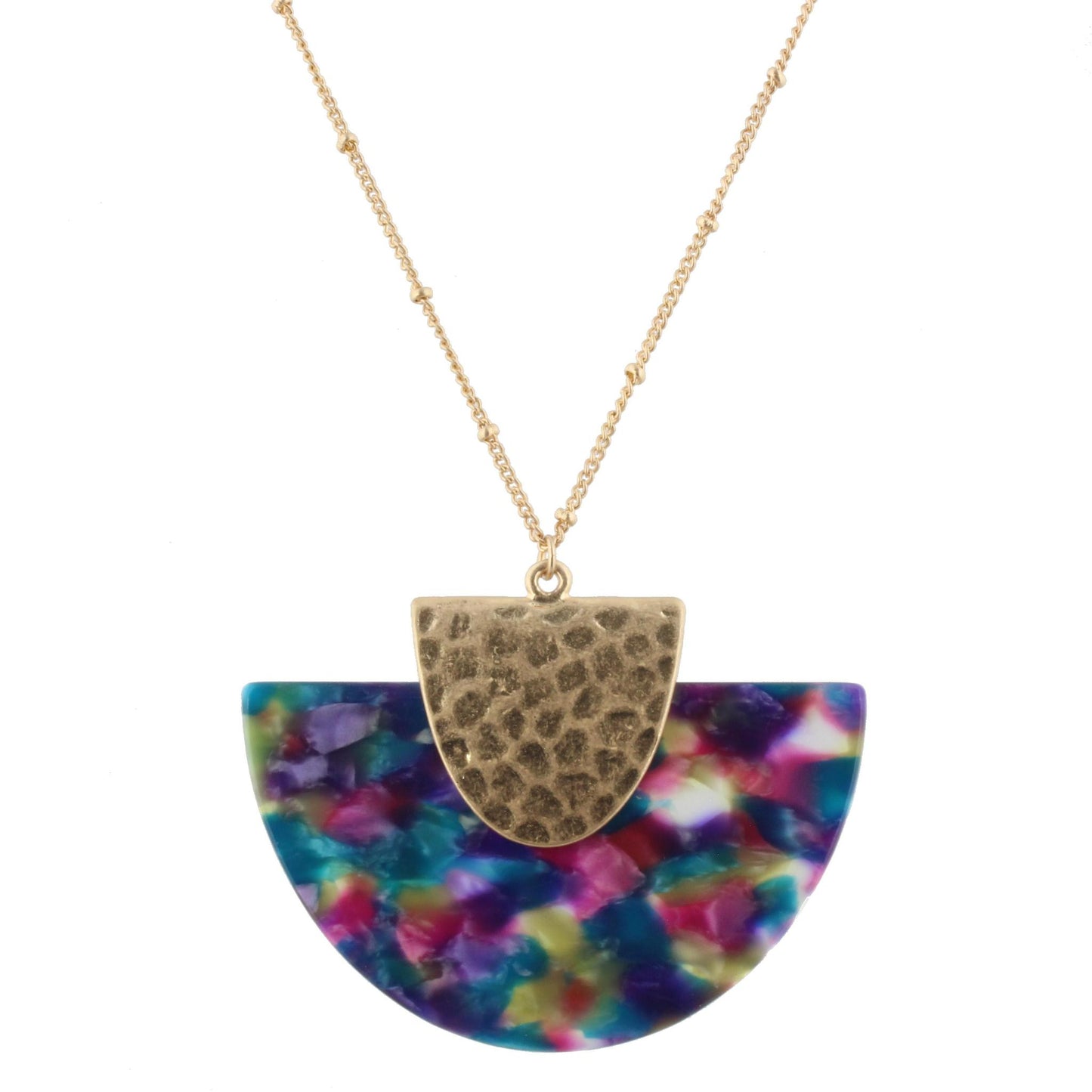 32" Gold Chain Necklace with Purple, Turquoise, Pink Resin Fan, 3" Ext