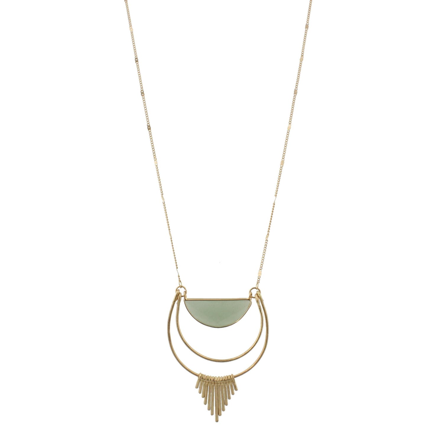 32" Chain Necklace with Amazonite Half Circle with Gold Fringe Detail, 3" Ext