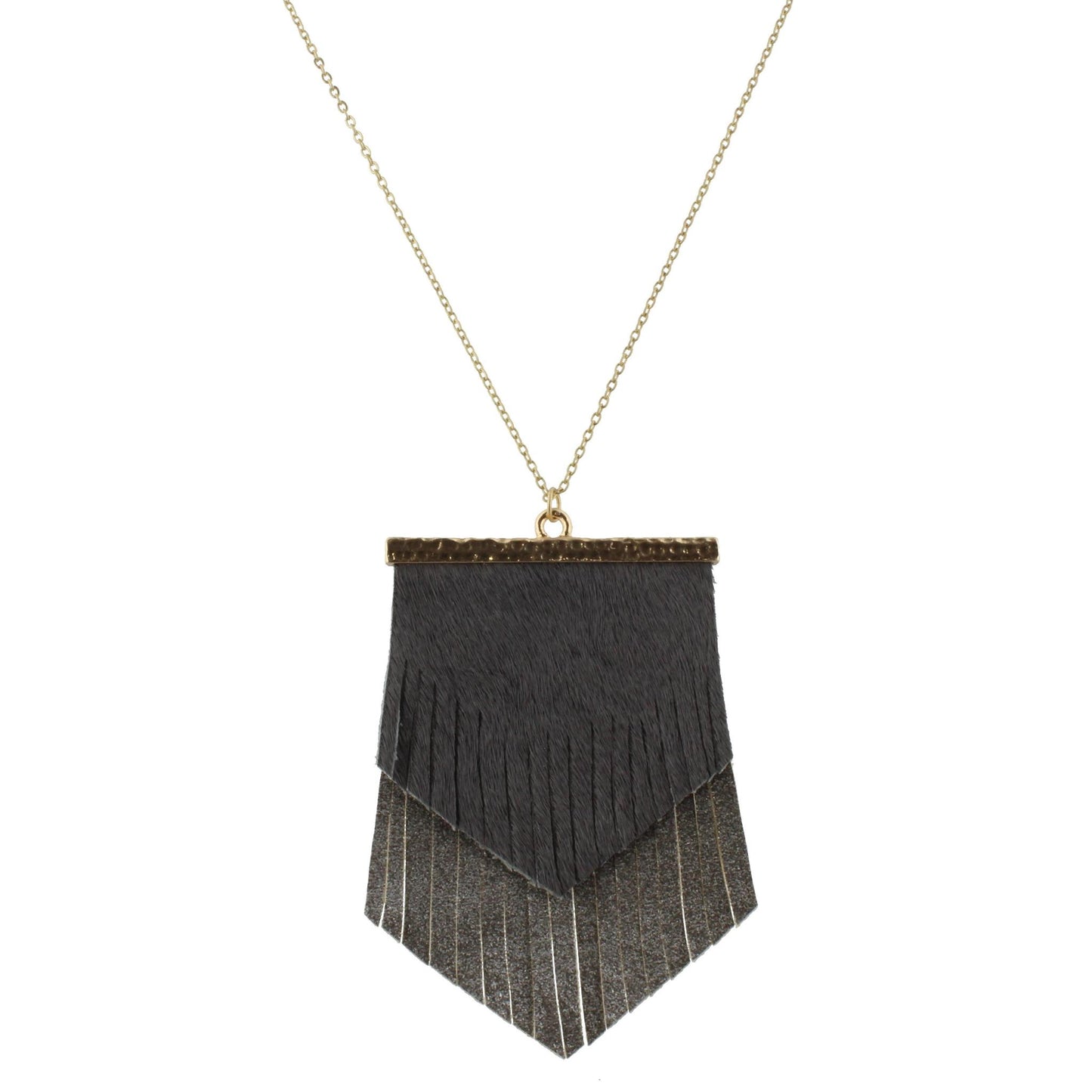 30" Chain Necklace with 2 Layer Fringe Shield, Grey Hide and Grey Silver Fleck, 3" Ext