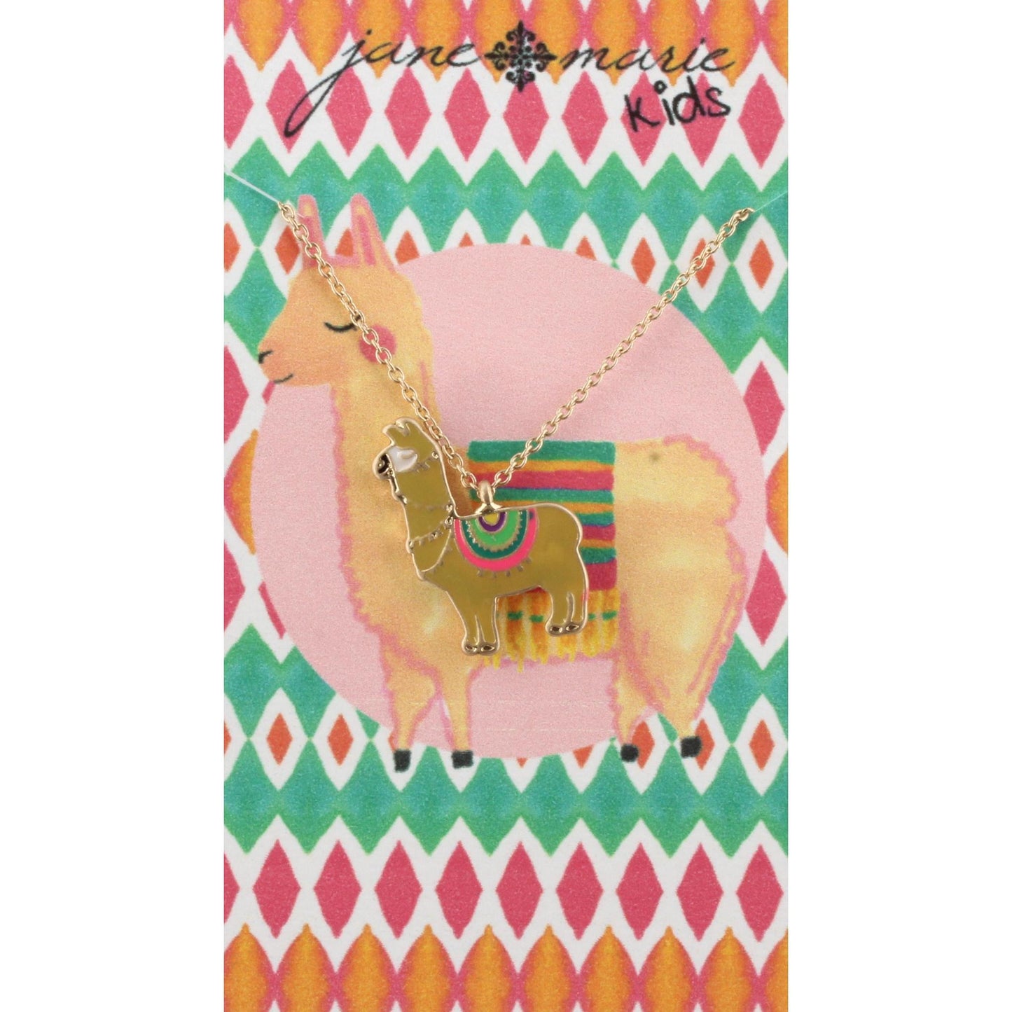 14" Kids Chain Necklace with Brown Llama with Colorful Quilt, 3" Ext