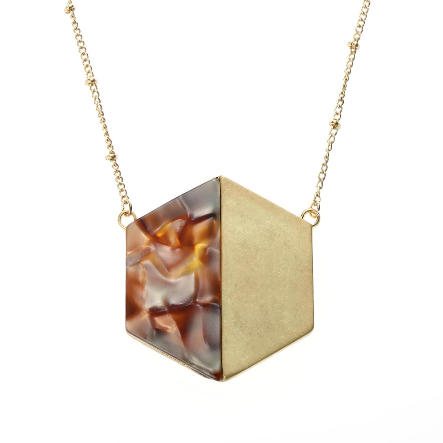 14" Chain Necklace with Half Multi Brown Resin Hexagon, 3" Ext