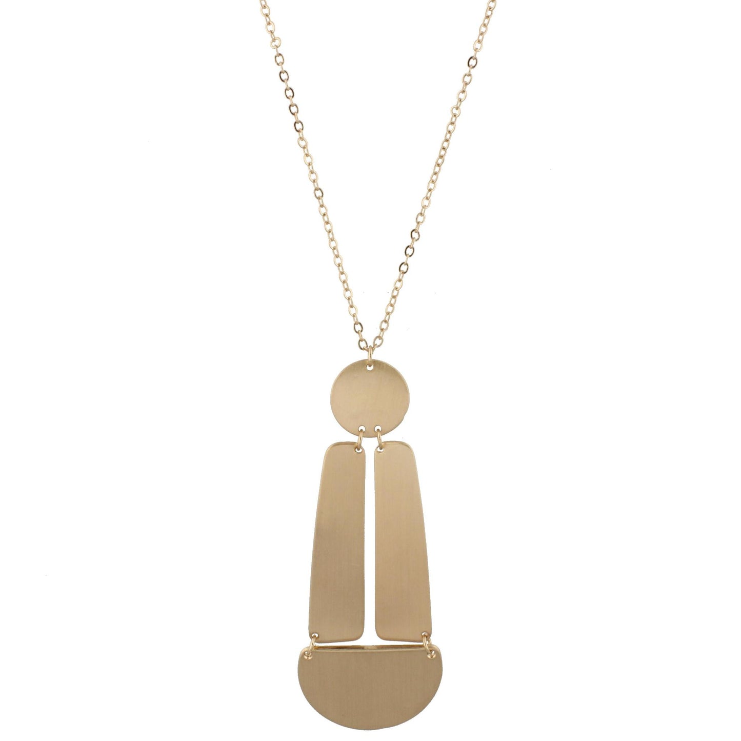 24" Adjustable Necklace with Two Sided, Brushed and Shiny, Gold Circle, Gold Rectangles, Gold Half Circle