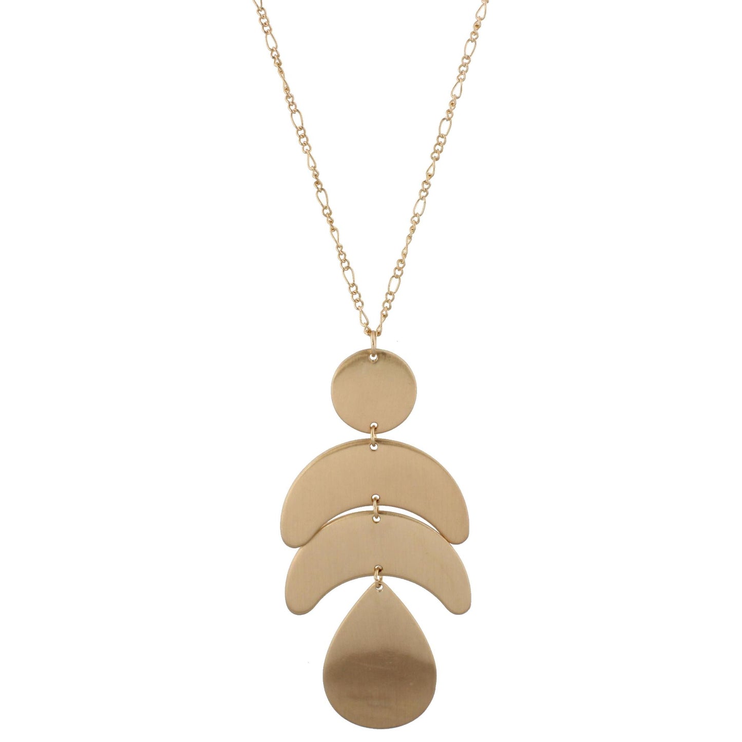 24" Adjustable Necklace with Two Sided, Brushed and Shiny, Gold Circle, Two Gold Crescents, GOld Teardrop