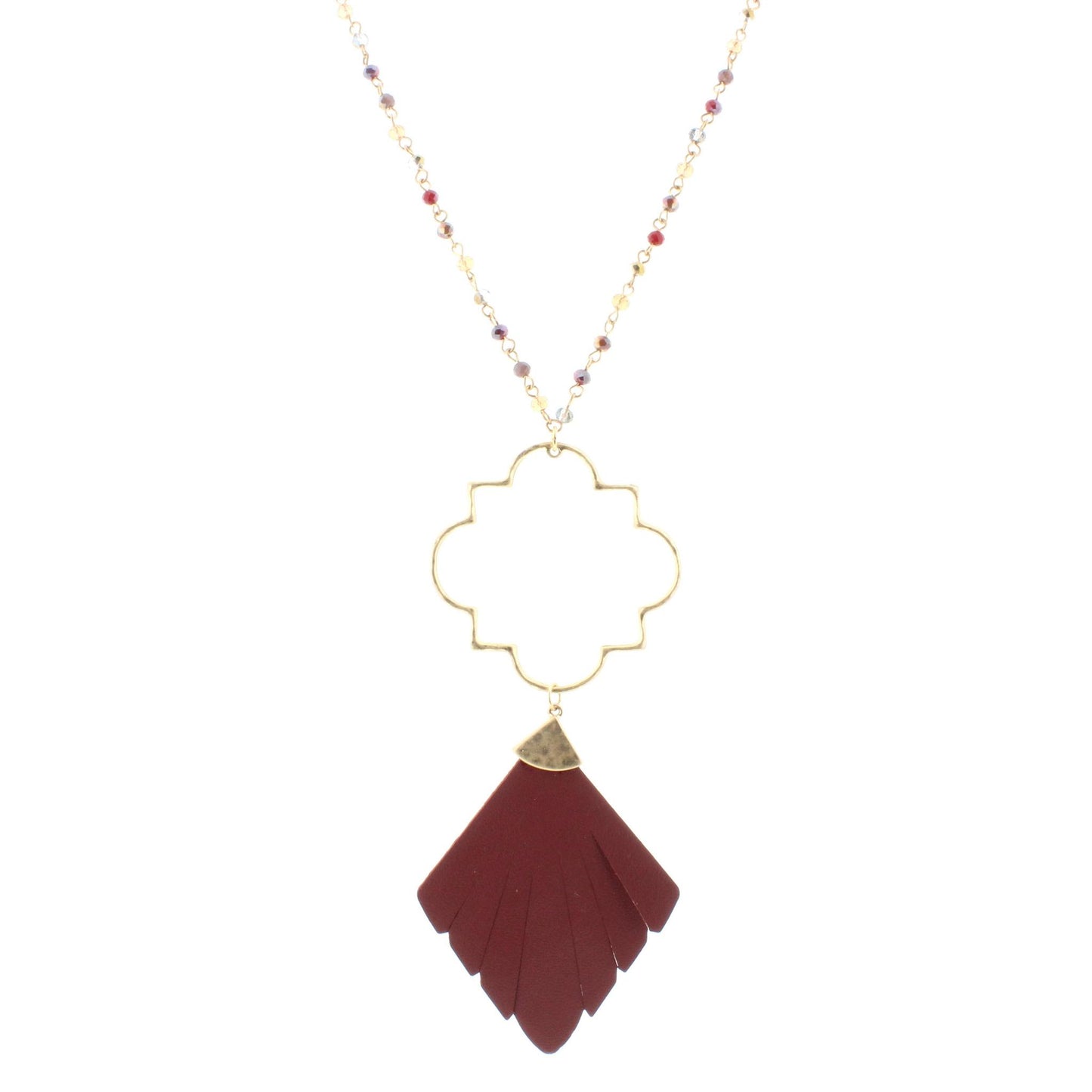 32" Multi Linked Necklace with Ornate and Maroon Leather Pendant, 3" Ext