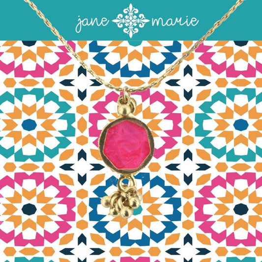 16" Hot Pink Sun Stone Necklace with Gold Dangles, 3" Ext