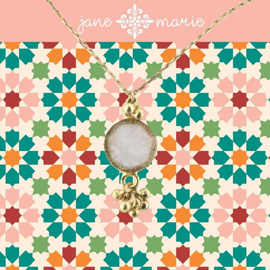 16" Pearl Pink Sun Stone Necklace with Gold Dangles, 3" Ext