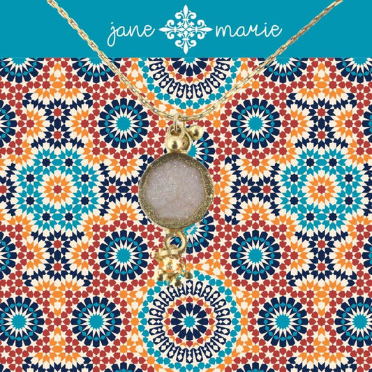 16" White Sun Stone Necklace with Gold Dangles, 3" Ext