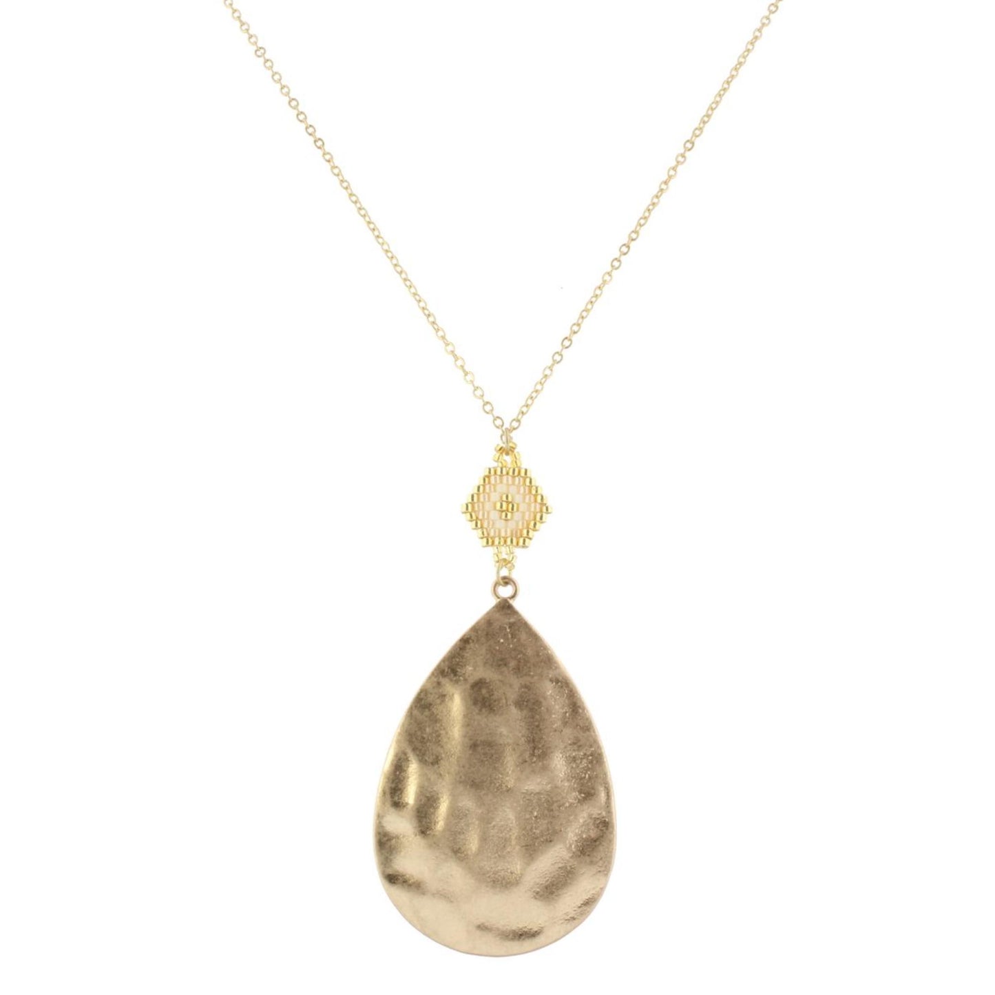 30" Gold Chain Necklace with Gold, Ivory & Champagne Pendant with Gold Teardrop, 3" Ext
