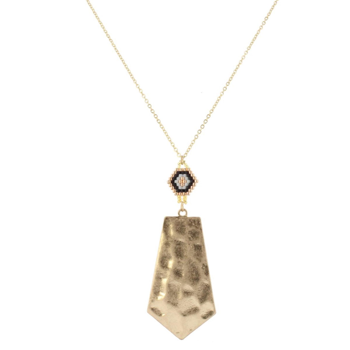30" Gold ChainNecklace with Jet,Grey & Rose Gold Pendant with Gold Rhombus, 3" Ext