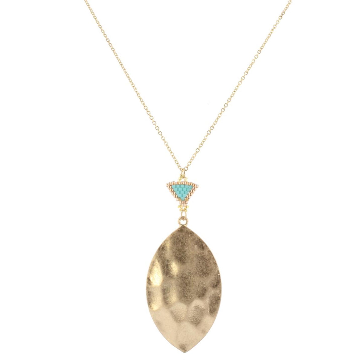 30" Gold Chain Necklace with Rose Gold & Turquoise Pendant with Gold Pointed Oval, 3" Ext