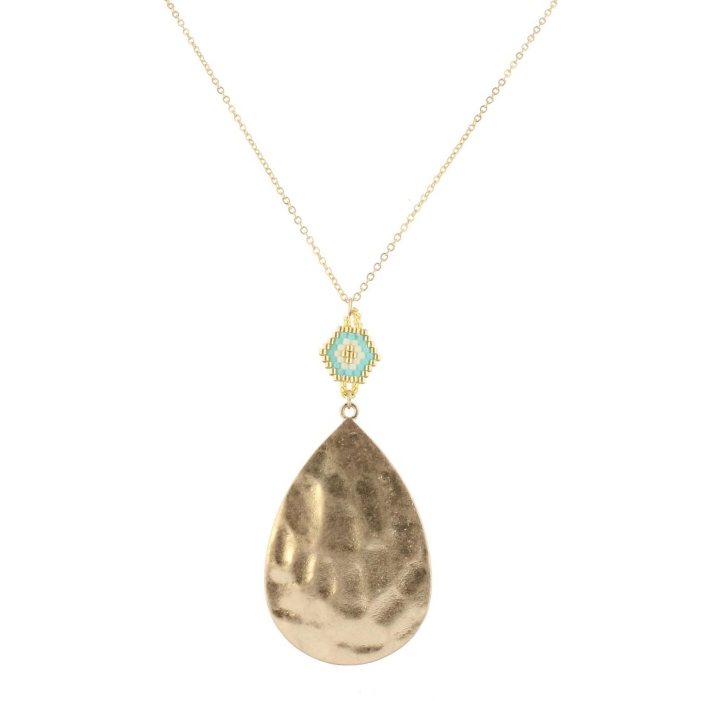 30" Gold Chain Necklace with White, Turquoise & Gold with Gold Teardrop, 3" Ext