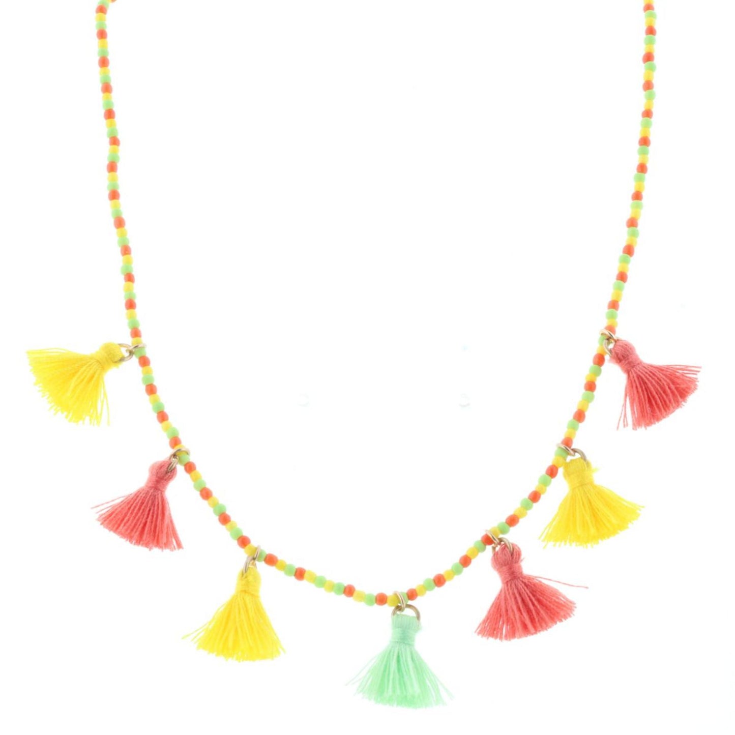Kids Lime, Yellow, Orange Beaded Necklace with Tassels, 3" Ext