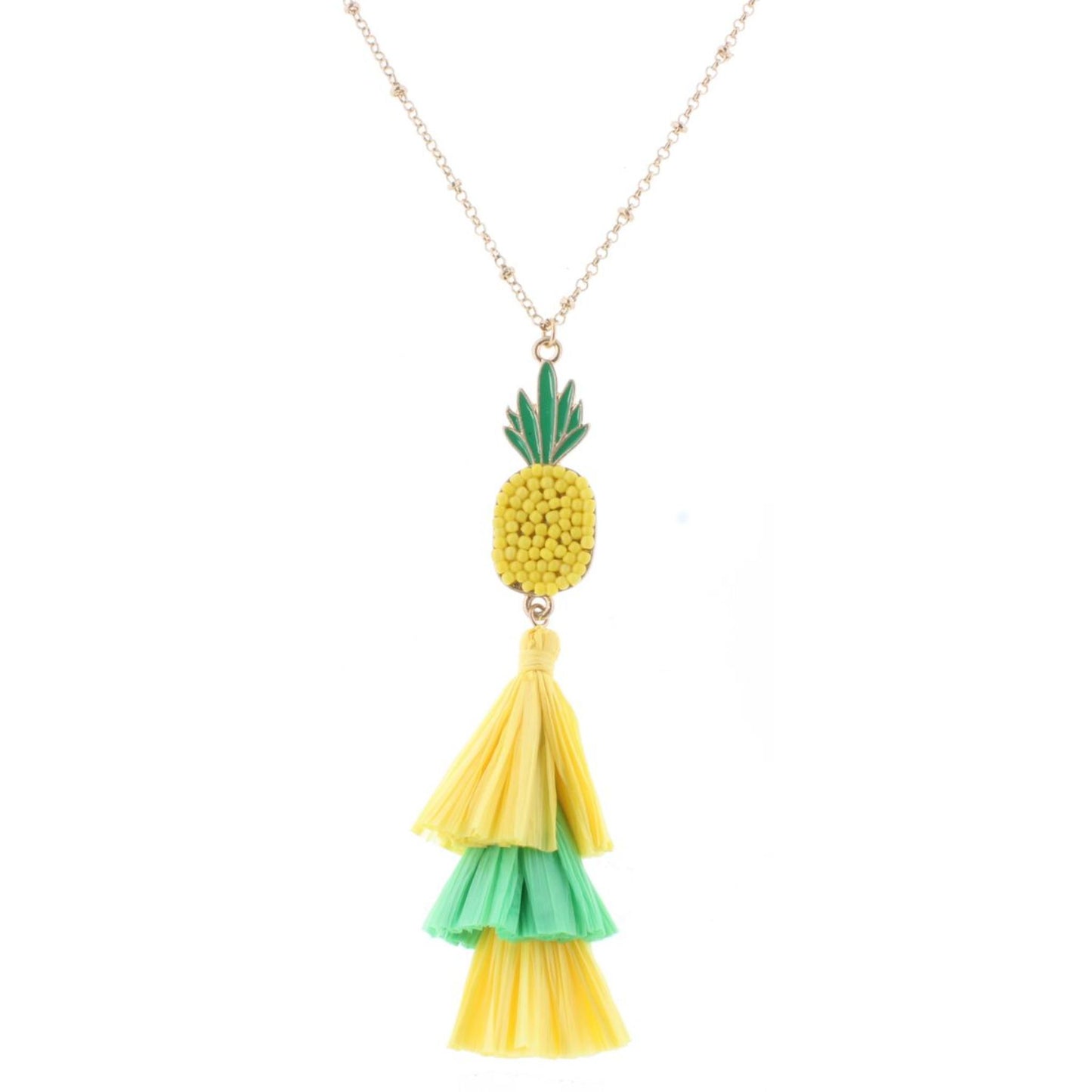 32" Beaded Pineapple Charm Necklace with Green & Yellow Rafia Stacked Tassel, 3" Ext