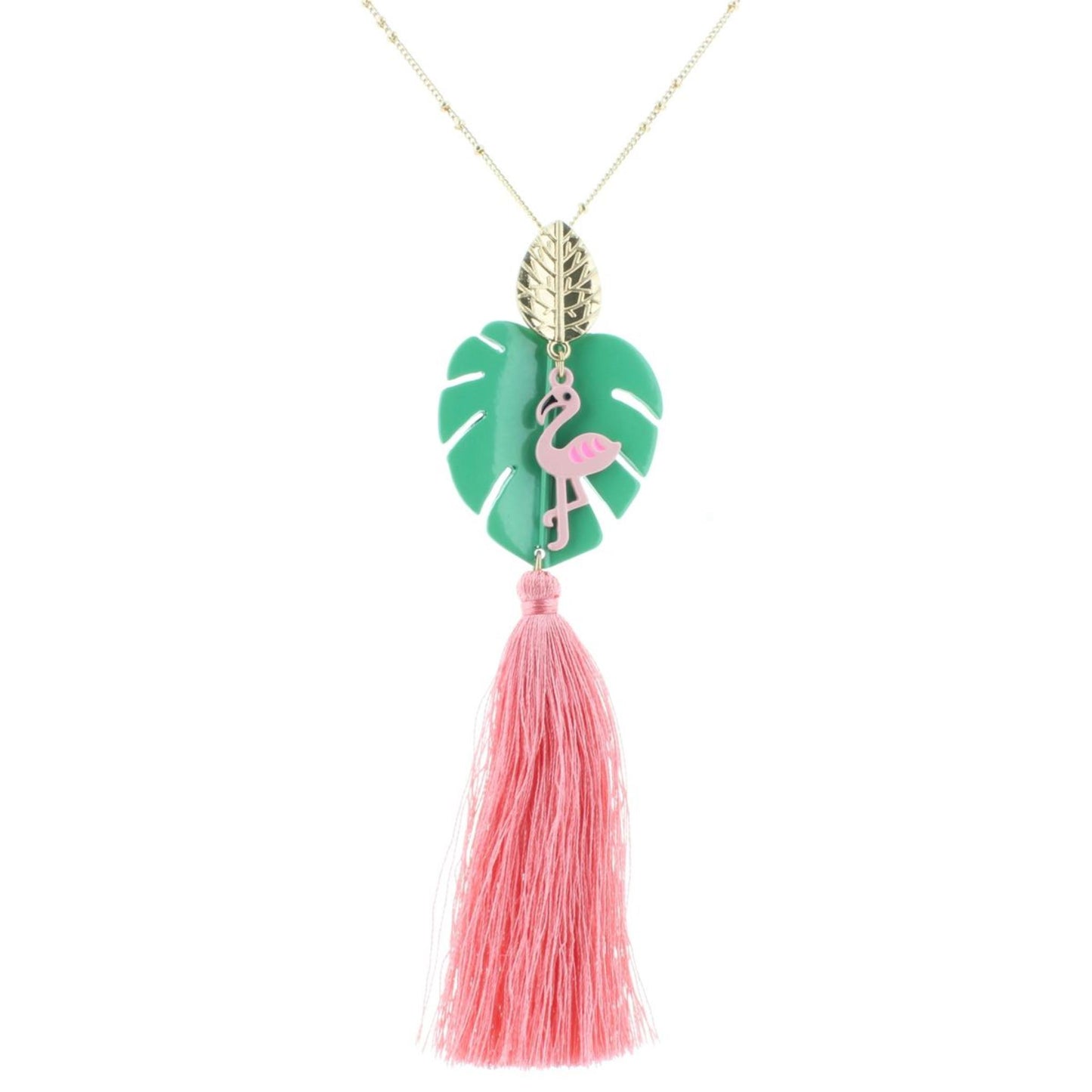 32" Green Palm Necklace with Flamingo & Pink Tassel, 3" Ext