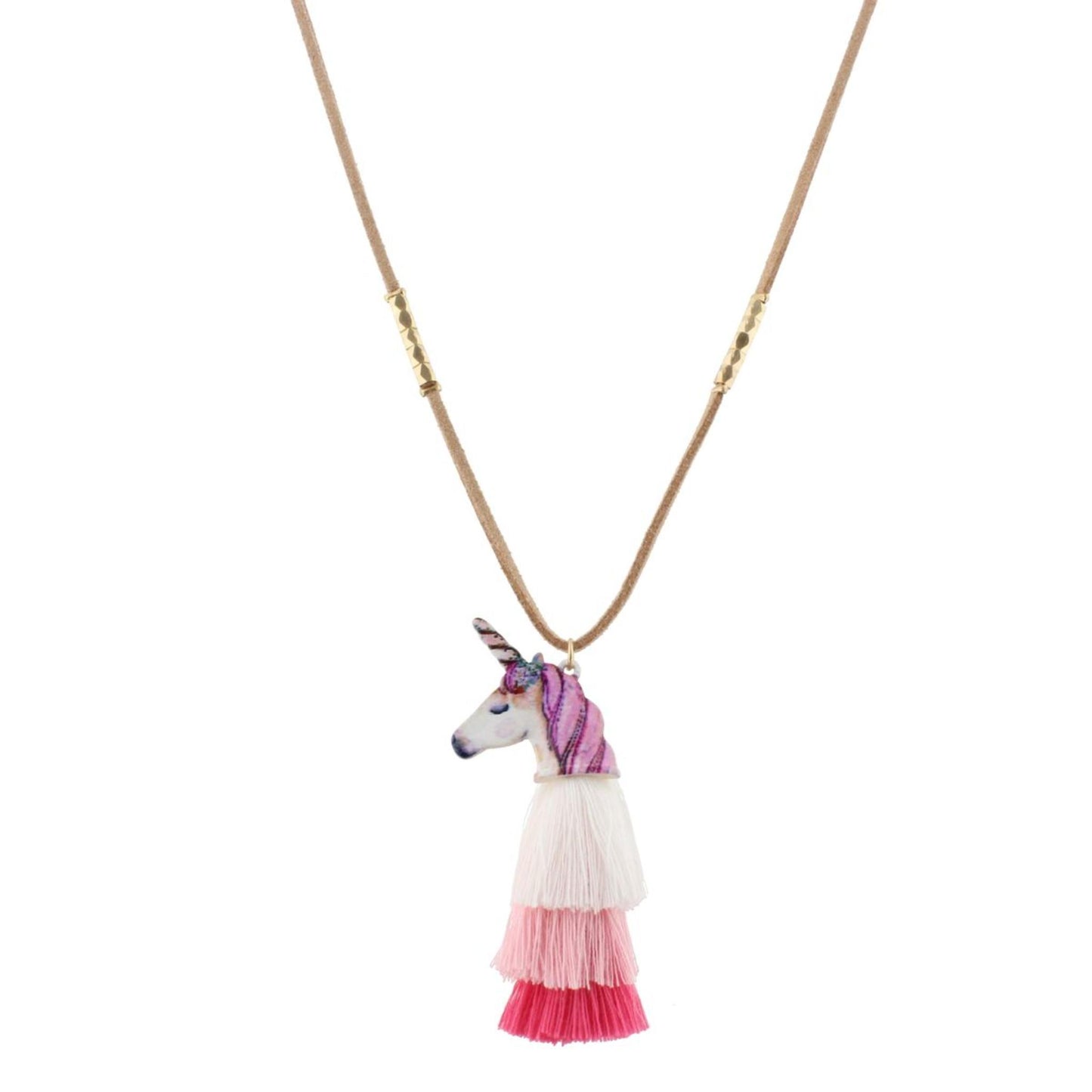 16" Kids Tan Suede Necklace with Unicorn Icon & White, Light Pink, Pink Tassel, 3" Ext
