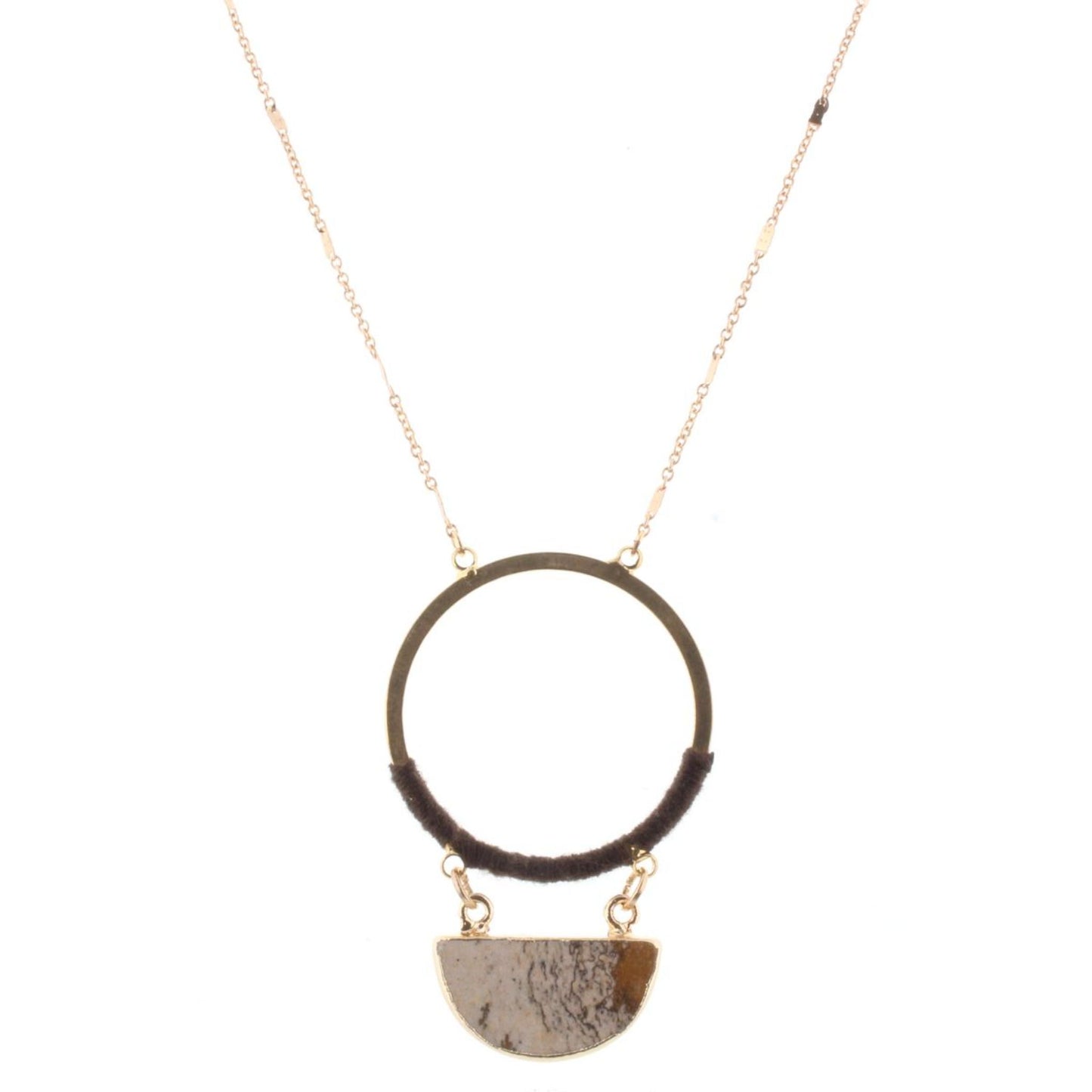 32" Gold Chain Necklace with Brown Wrapped Circle with Picute Jasper Stone Half Circle, 3" Ext