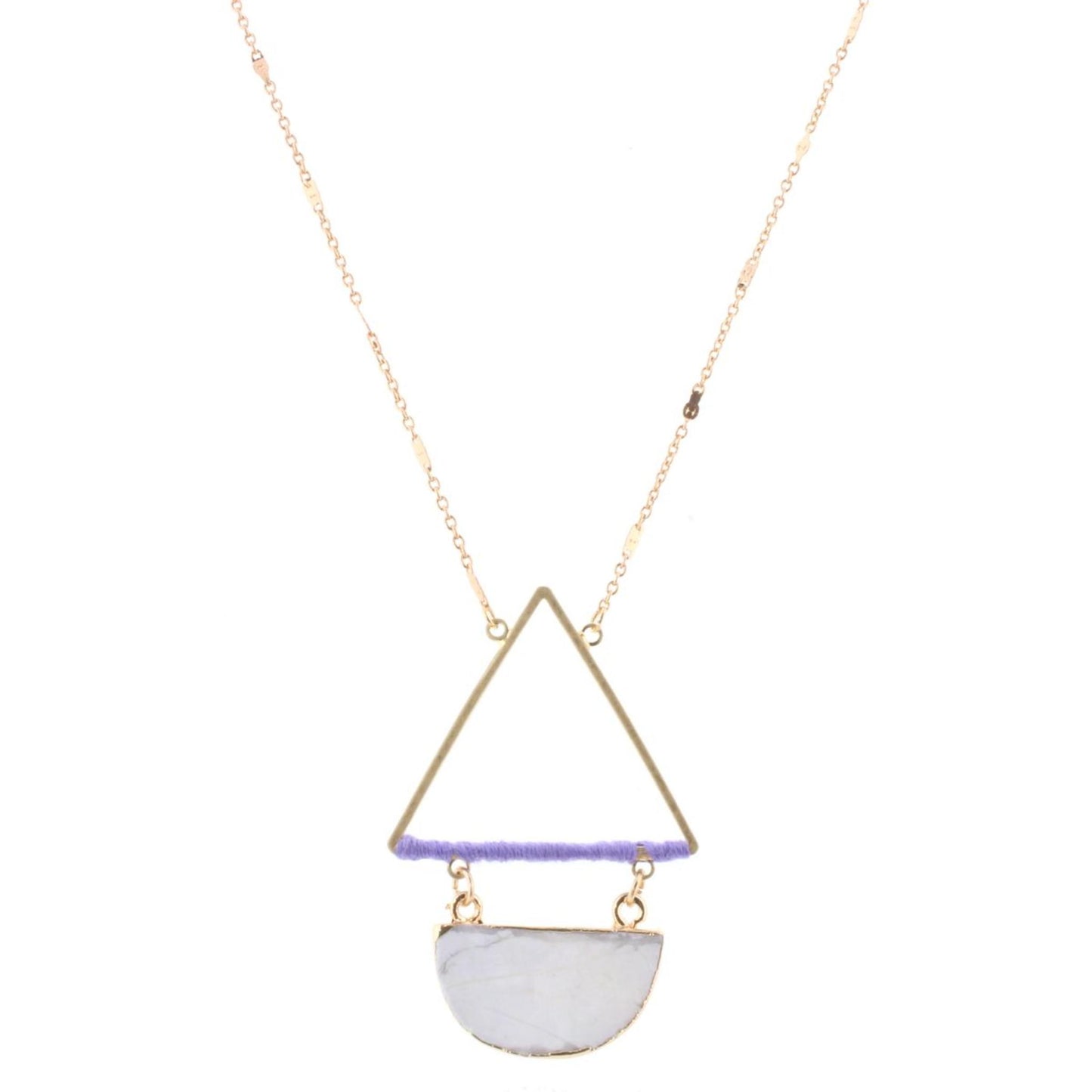 32" Gold Chain Necklace with Purple Wrapped Triangle with Howlite Stone Half CIrcle. 3" Ext
