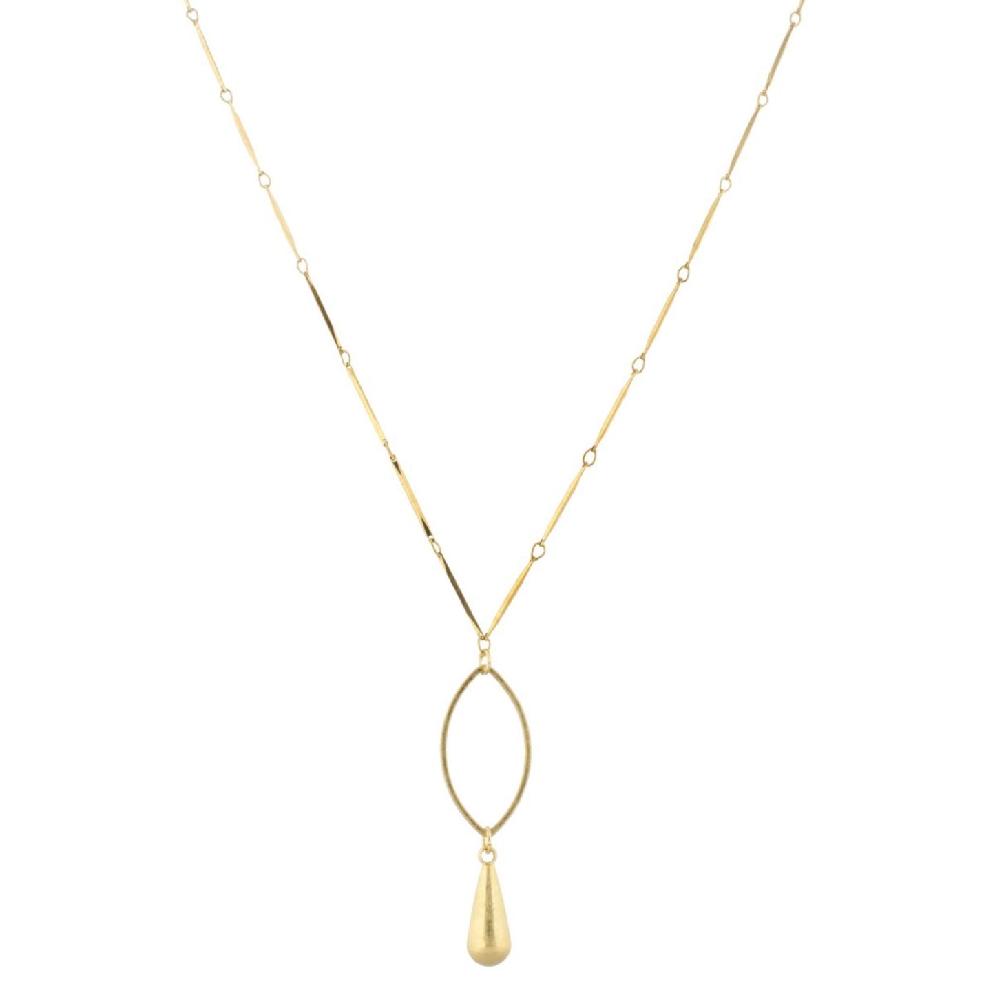 32" Gold Bar Link Chain Necklace with Gold Pointed Oval & Gold Weight, 3" Ext