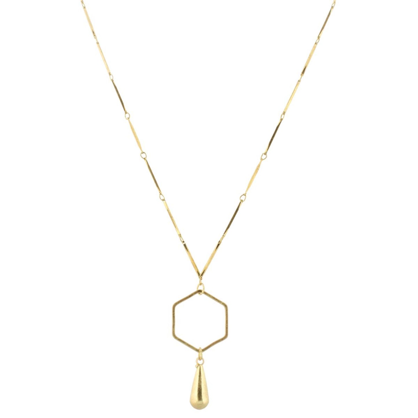 32" Gold Bar Link Chain Necklace with Gold Hexagon & Gold Weight, 3" Ext