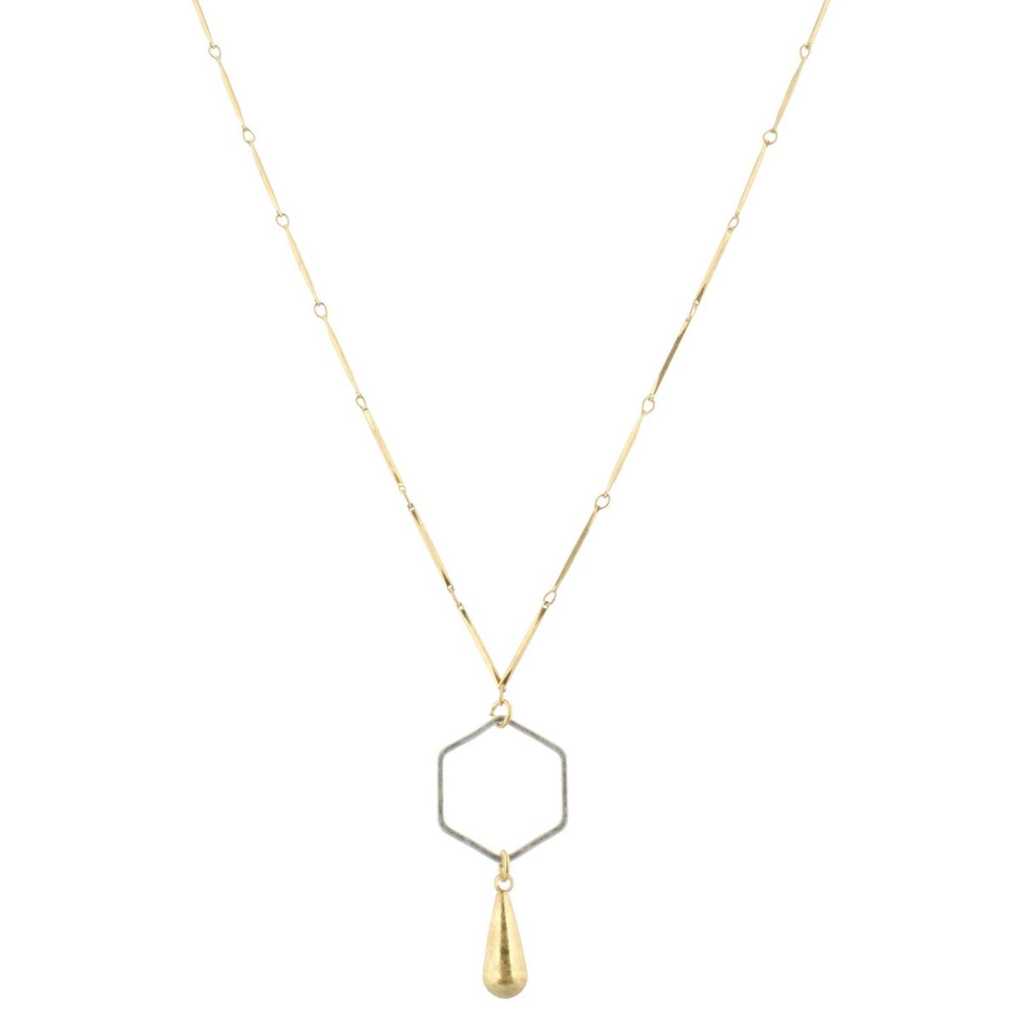 32" Gold Bar Link Chain Necklace with Silver Hexagon & Gold Weight, 3" Ext