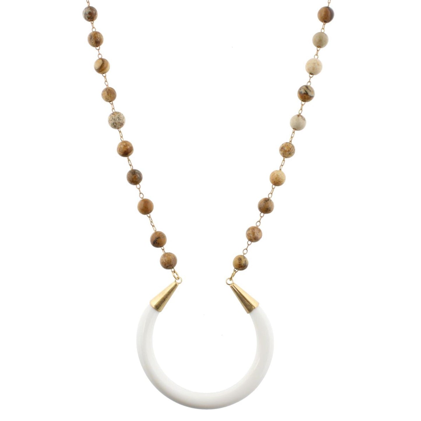 32" Picture Jasper Stone Linked with White Crescent Necklace, 3" Ext