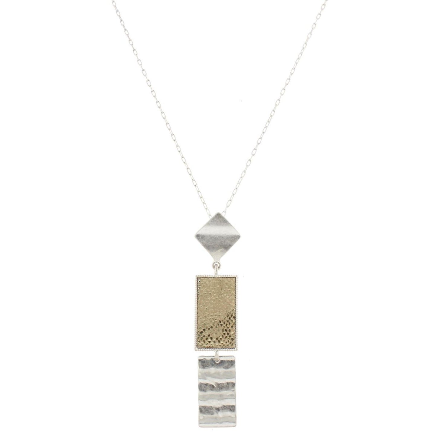 32" Silver Chain Necklace with Silver Square, Light Gold Leather Rectangle & Silver Wavy Rectangle, 3" Ext