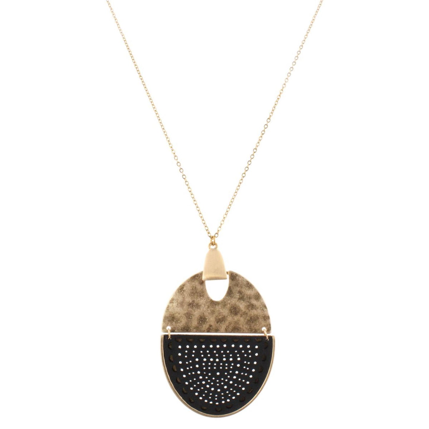 32" Gold Chain Necklace with Gold Hinged Pendant with Black Cutout Leather, 3" Ext