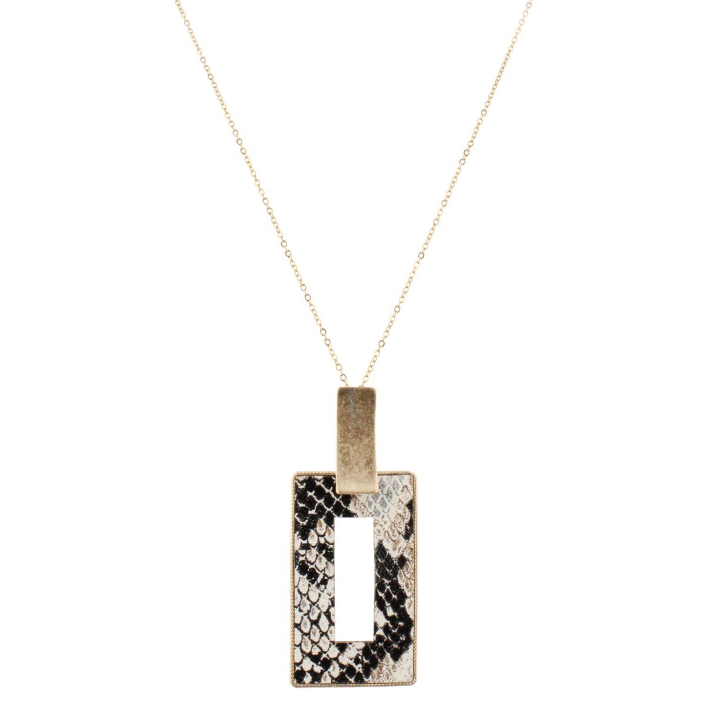 32" Gold Chain Necklace with Jet, Gold, Silver Snakeskin Leather Open Rectangle, 3" Ext
