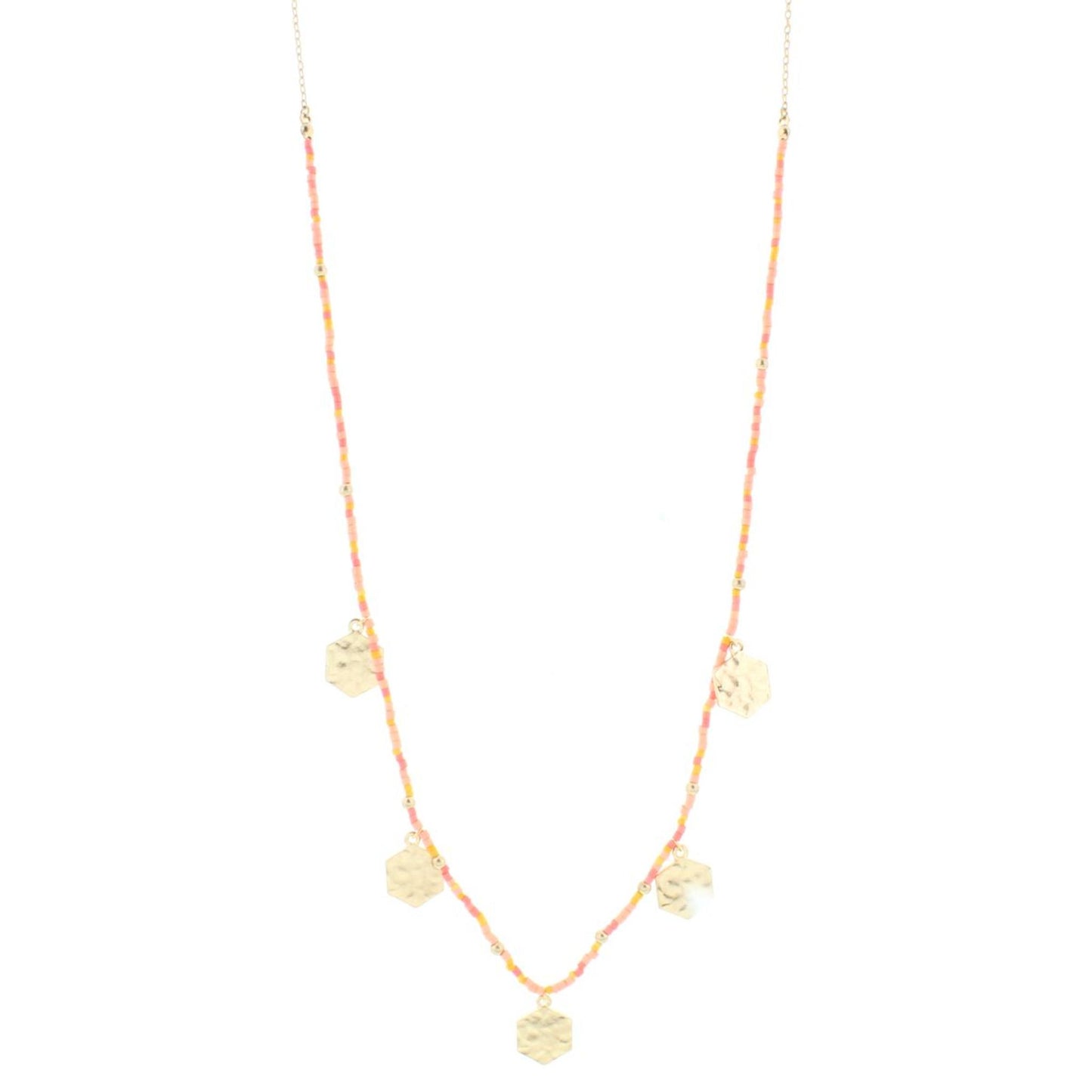 32" Coral, Peachy Delicate Necklace 1/2 Beaded with Gold Hexagons, 3" Ext