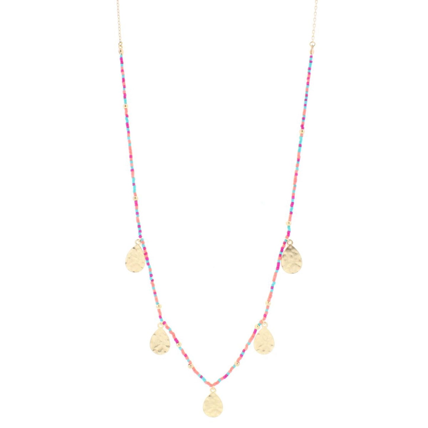 32" Pink, Peach, Blue Delicate Necklace 1/2 Beaded with Gold Teardrops, 3" Ext