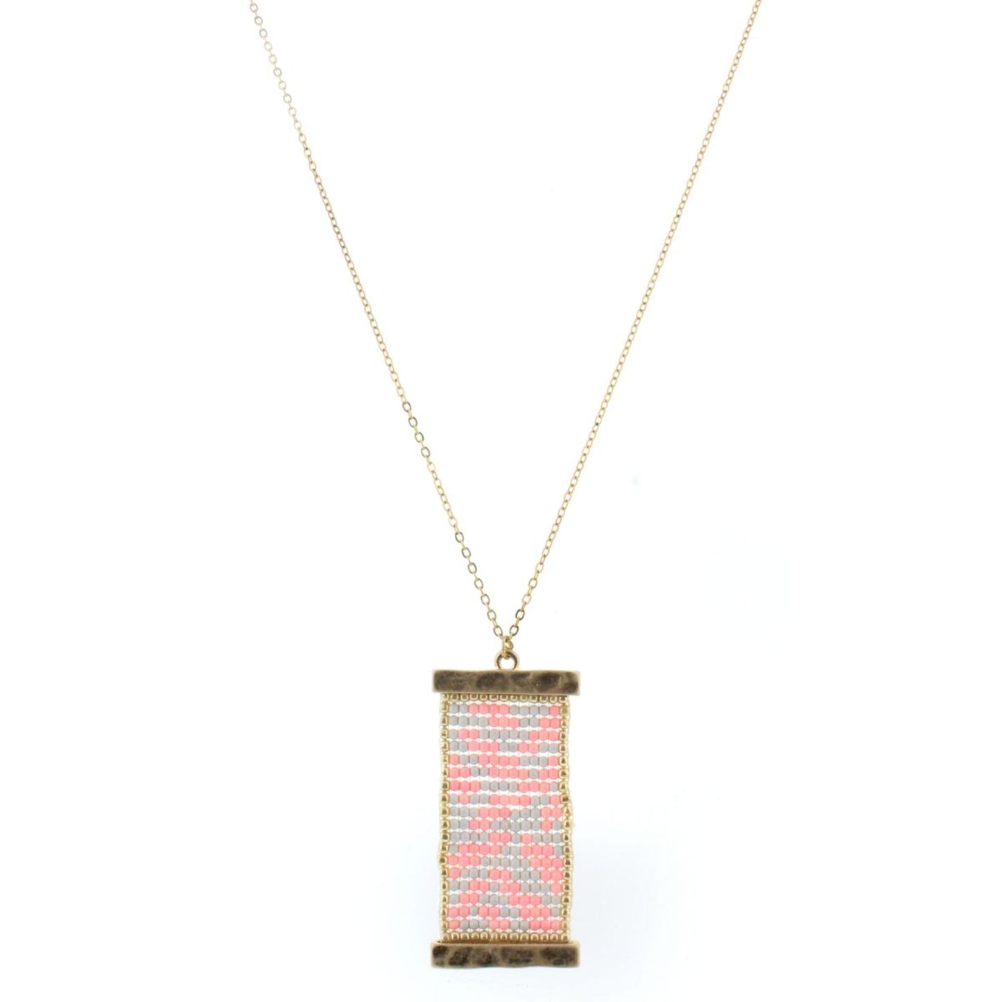 32" Gold Chain Necklace with Pink & Grey Beaded Pendant, 3" Ext
