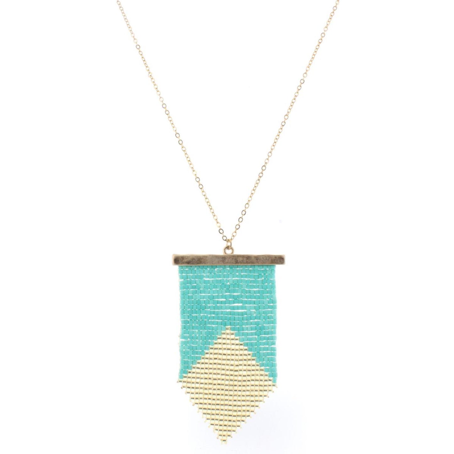32" Gold Chain Necklace with Turquoise & Gold Beaded Pendant, 3" Ext