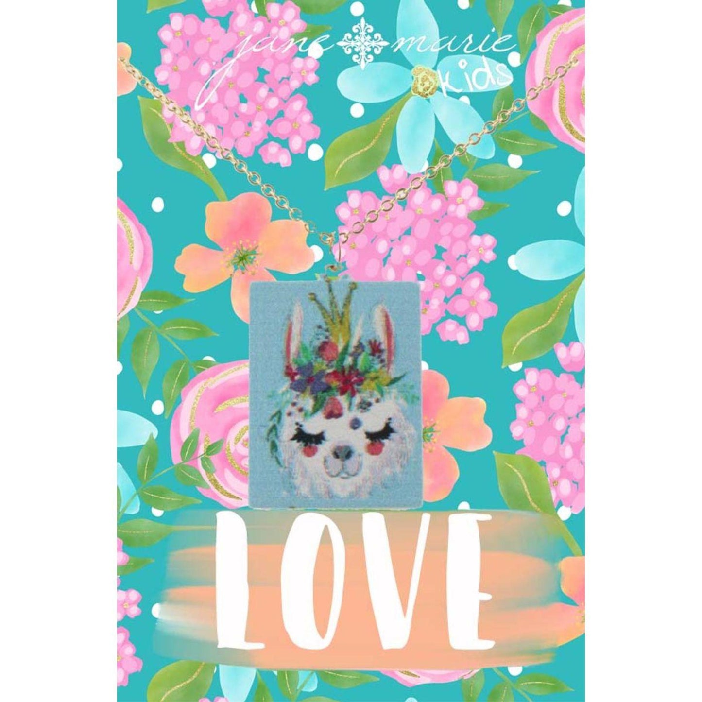 14" Kids Square Llama Face Necklace with Floral Crown, 3" Ext