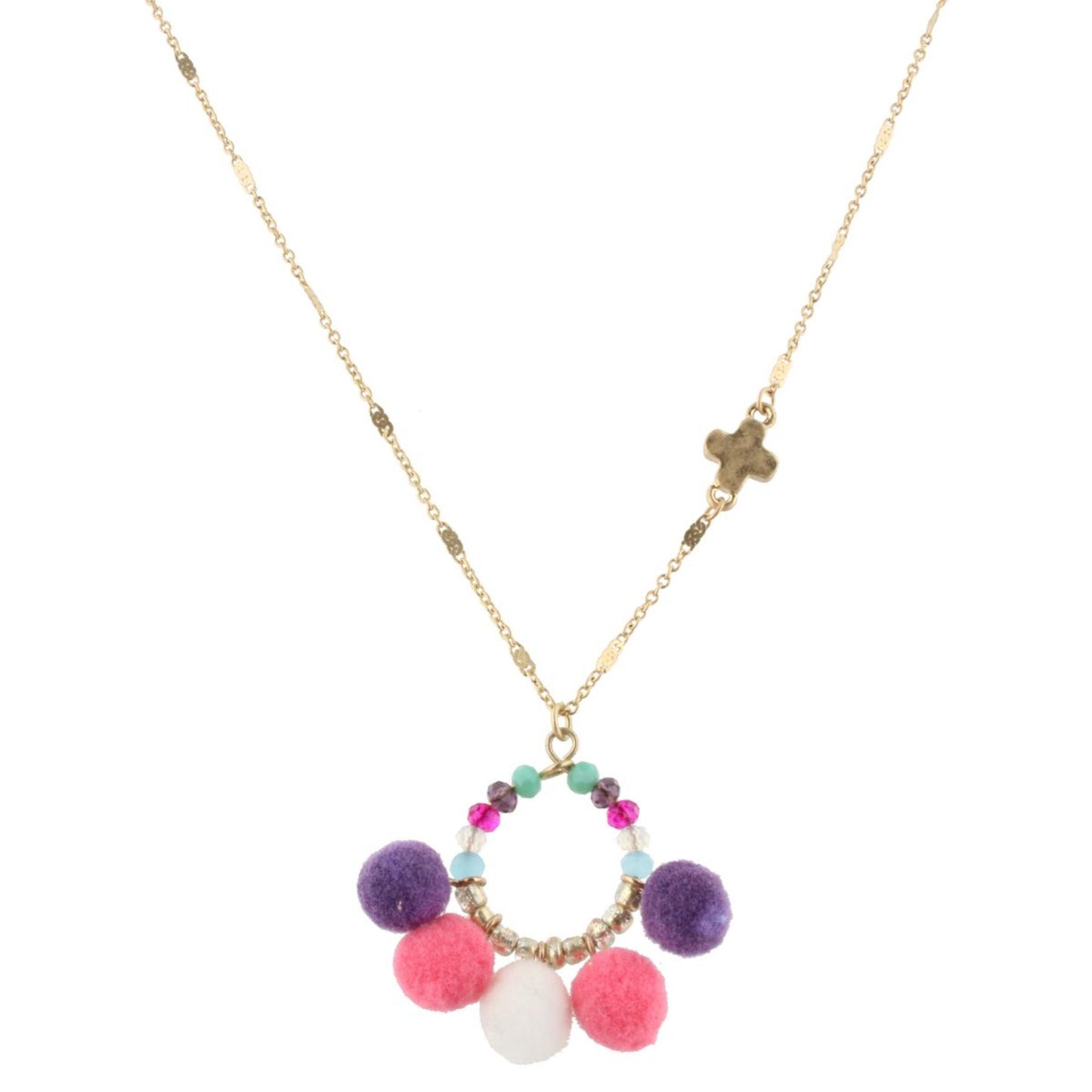 14" Kids Multi Beaded Circle Necklace with Purple, White, Pink Poms & Cross in Chain, 3" Ext