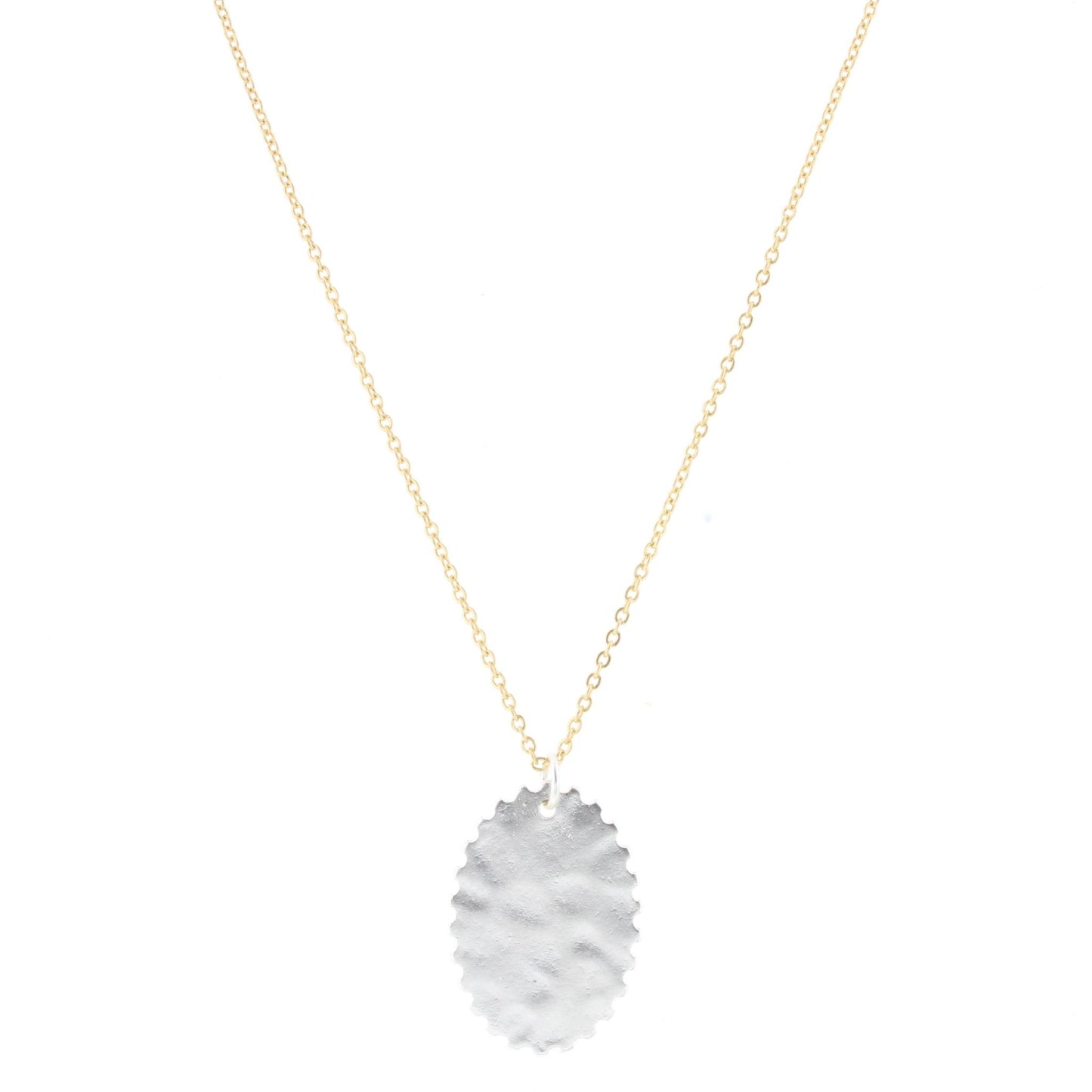 28" Gold Chain Necklace with Scalloped Edge Silver Oval