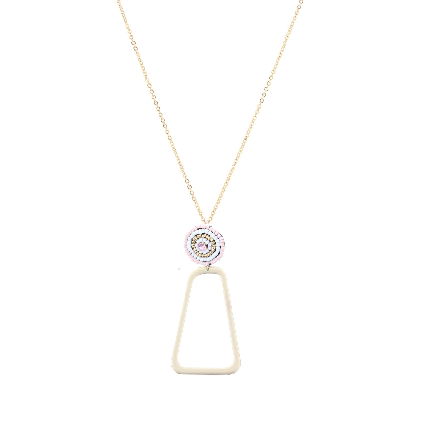 Gold Chain Necklace with Pink Seed Bead Circle and Gold Open Rectangle, 3" Ext